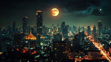 Obraz premium Nightlife cityscape urban landscape photography night wide angle vibrant city lights and full moon view