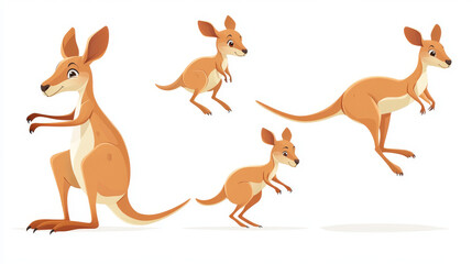 Australia kangaroo character. Funny and cute jump animal clipart. Mother and baby wallaby jumping mascot. 2d wild mom set in sleeping, walking and waving paw pose. Tropical marsupial game asset