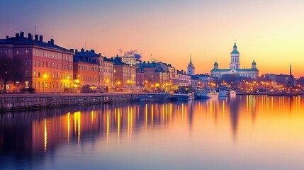 Obraz premium Sunset reflection on cityscape helsinki photography urban environment serene viewpoint tranquil concept