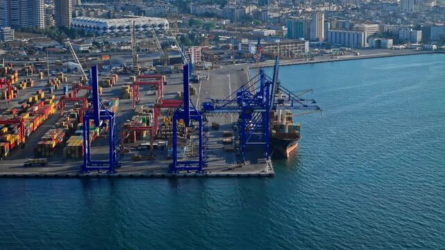 Container sea port terminal with crane bridges and container ship, Global maritime logistics and transportation of Container Cargo shipping
