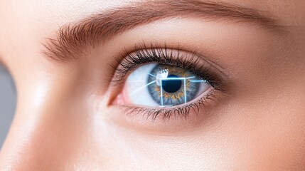 Obraz premium Close-up of a woman's eye with a digital grid overlay, representing technology and vision.