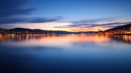 Obraz premium Serene sunset reflection over tranquil lake coastal city photography evening aesthetic beauty
