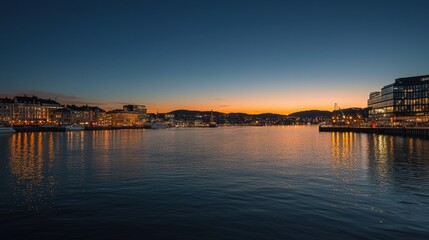 Fototapeta premium Sunset reflections over city waterfront urban landscape scenic view tranquil environment evening serenity