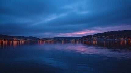 Fototapeta premium Evening reflections on the water coastal town landscape photography serene environment wide-angle viewpoint tranquility concept
