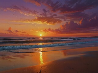 A picturesque sunset painting featuring the ocean, with warm colors creating a peaceful and inviting atmosphere.