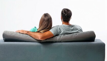 Couple sitting on couch, back view on isolated white background