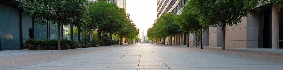 Fototapeta premium A city street with a sidewalk and trees lining the street. The street is empty and the trees are green