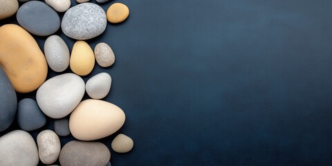 A collection of rocks on a blue background. The rocks are of different sizes and colors, creating a visually interesting and dynamic composition. Concept of natural beauty and tranquility
