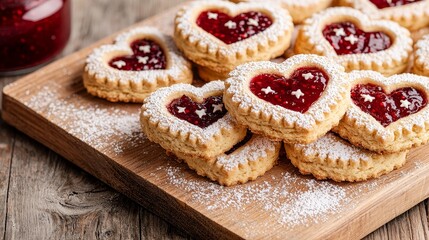 Close-up of golden linzer cookies filled with raspberry jam, heart and star-shaped cut-outs, dusted with powdered sugar, on a wooden board. linzer cookies, baking, holiday treats