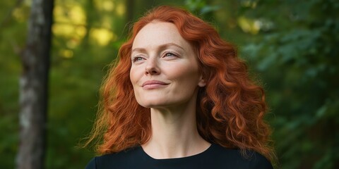 Naklejka premium A woman with red hair is smiling and looking to the right. She is wearing a black shirt and has a red headband