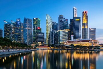 Stunning Cityscape of Singapore at Dusk with Modern Skyscrapers Reflecting on Calm Water Under a Clear Blue Sky and Vibrant Lights of Urban Life