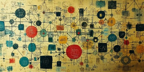 A mind map of interconnected ideas and symbols on a digital screen, representing creative problem-solving.