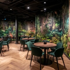 Fototapeta premium Modern restaurant interior with lush jungle mural, dark wood floors, and green velvet chairs.