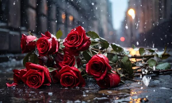  rose flower with snowfall on background