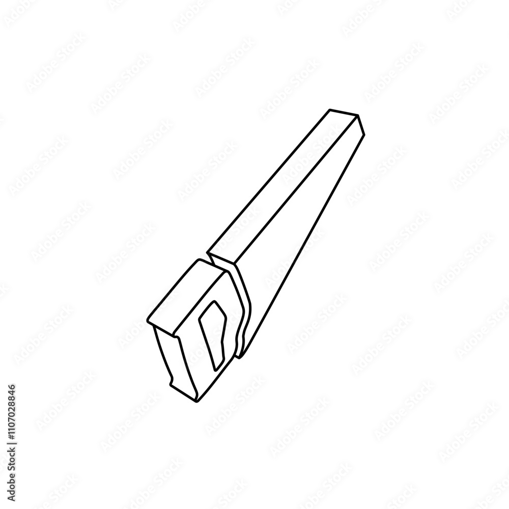 Poster the outline of a large hand saw symbol is made with black lines. 3d view of the object in perspectiv