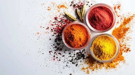 Vibrant spice selection kitchen counter food photography bright environment overhead view culinary inspiration © Chanwit