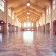 Spacious, high-ceilinged interior of a large hall with brick walls and tiled floor.