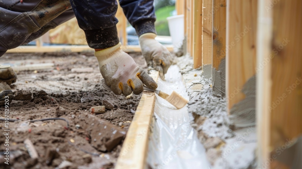 Poster a worker uses a combination of caulk and weatherproof tape to seal gaps and cracks in the foundation