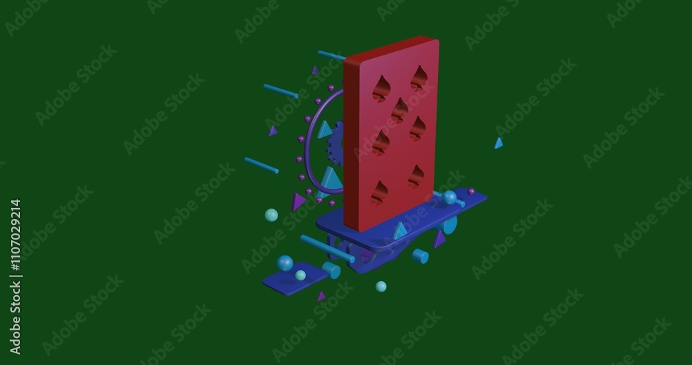 Aufkleber red seven of spades playing card on a pedestal of abstract geometric shapes floating in the air. abs