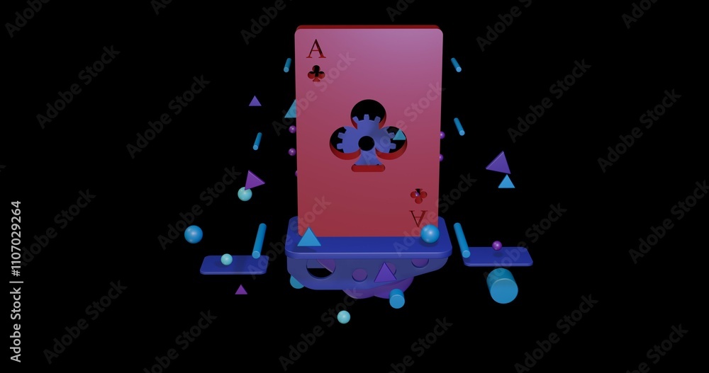 Aufkleber red ace of clubs card on a pedestal of abstract geometric shapes floating in the air. abstract conce
