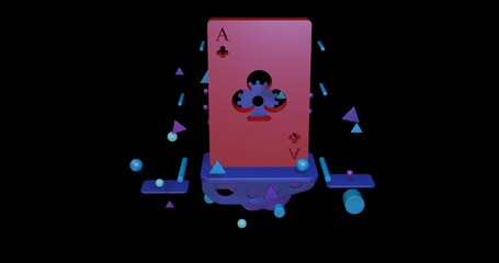 Red ace of clubs card on a pedestal of abstract geometric shapes floating in the air. Abstract concept art with flying shapes in the center. 3d illustration on black background