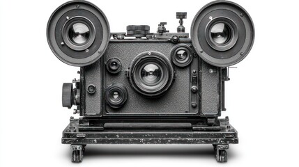 Vintage Film Camera with Multiple Lenses on Tripod Stand