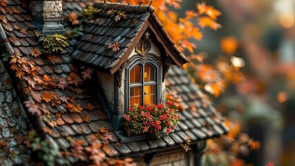 Tilt-shift window view of a brown-roofed garret house.