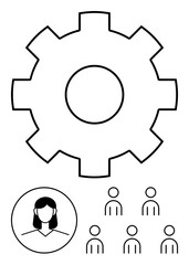 Central gear female user icon, five user outlines. Ideal for teamwork, leadership, workforce management, efficiency, collaboration, human resources, organizational structure. Line metaphor
