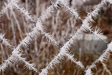 Metal grid covered with frost. Long needles of frost.