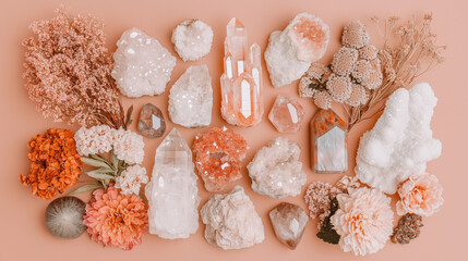 A flat lay of raw and polished crystals, including clear quartz and labradorite, styled with dried flowers and leaves on a linen cloth under soft natural light.