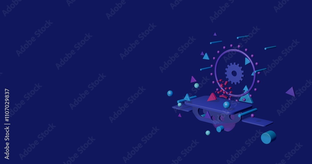 Poster pink exploding party popper on a pedestal of abstract geometric shapes floating in the air. abstract