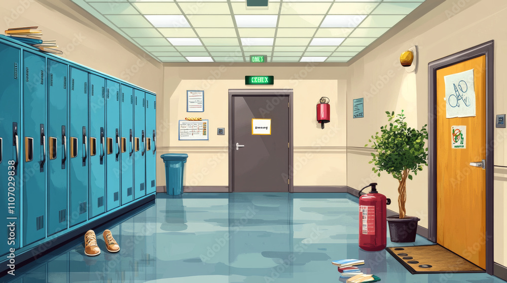 Aufkleber empty school corridor with closed and open locker with student books and shoes, classroom and exit d