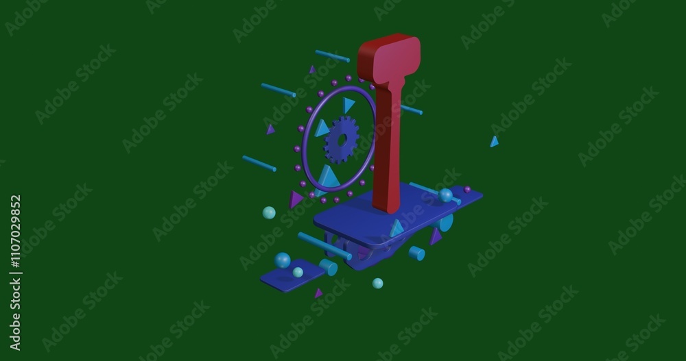 Aufkleber red mallet symbol on a pedestal of abstract geometric shapes floating in the air. abstract concept a