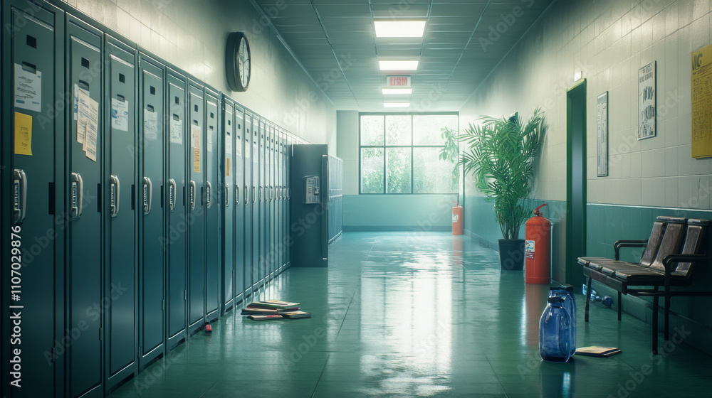Aufkleber empty school corridor with closed and open locker with student books and shoes, classroom and exit d