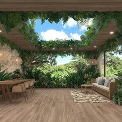 Obraz premium Tranquil indoor space with lush greenery, wooden furniture, and a skylight.