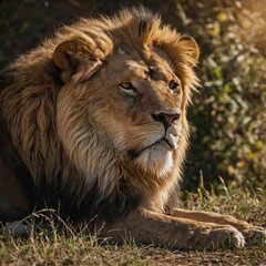 A majestic lion resting under the sun.  