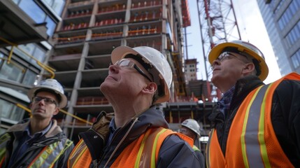 A group of code inspectors peer up at a tall skyser examining the materials used in its construction and ensuring they meet the required fireresistant standards.
