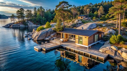 Fototapeta premium Minimalist Scandinavian Retreat in Swedish Archipelago with Baltic Blue Waters and Natural Elements, Showcasing Simple Elegance and Harmonious Design in Serene Outdoor Setting