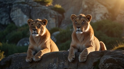 Two lionesses sitting on a rock at sunset.
