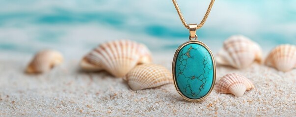 Turquoise jewelry and coastal, A turquoise pendant with a gold setting rests on sandy beach, surrounded by seashells, evoking a serene coastal vibe.