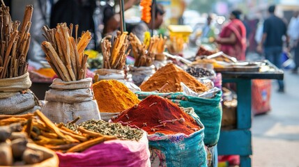Vibrant spice market scene urban setting food photography colorful environment close-up view culinary exploration