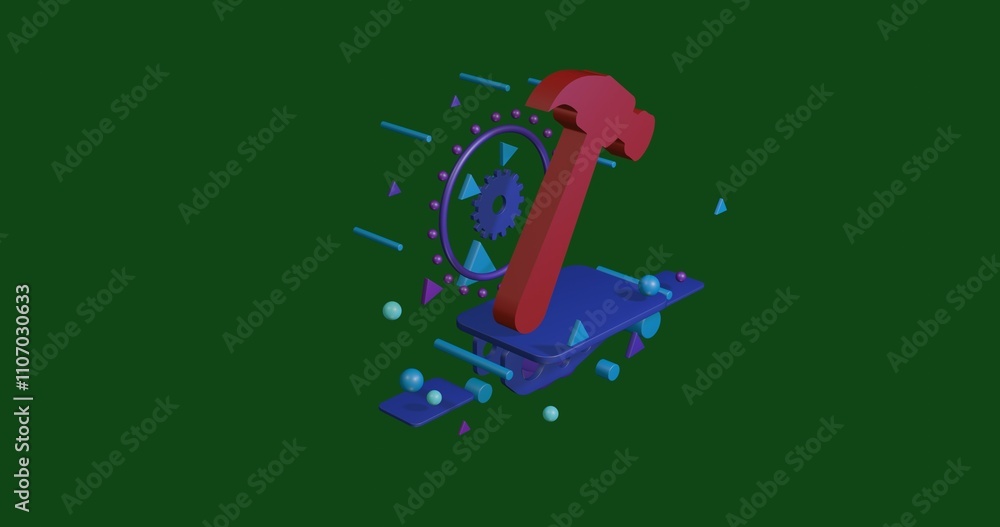 Aufkleber red hammer symbol on a pedestal of abstract geometric shapes floating in the air. abstract concept a