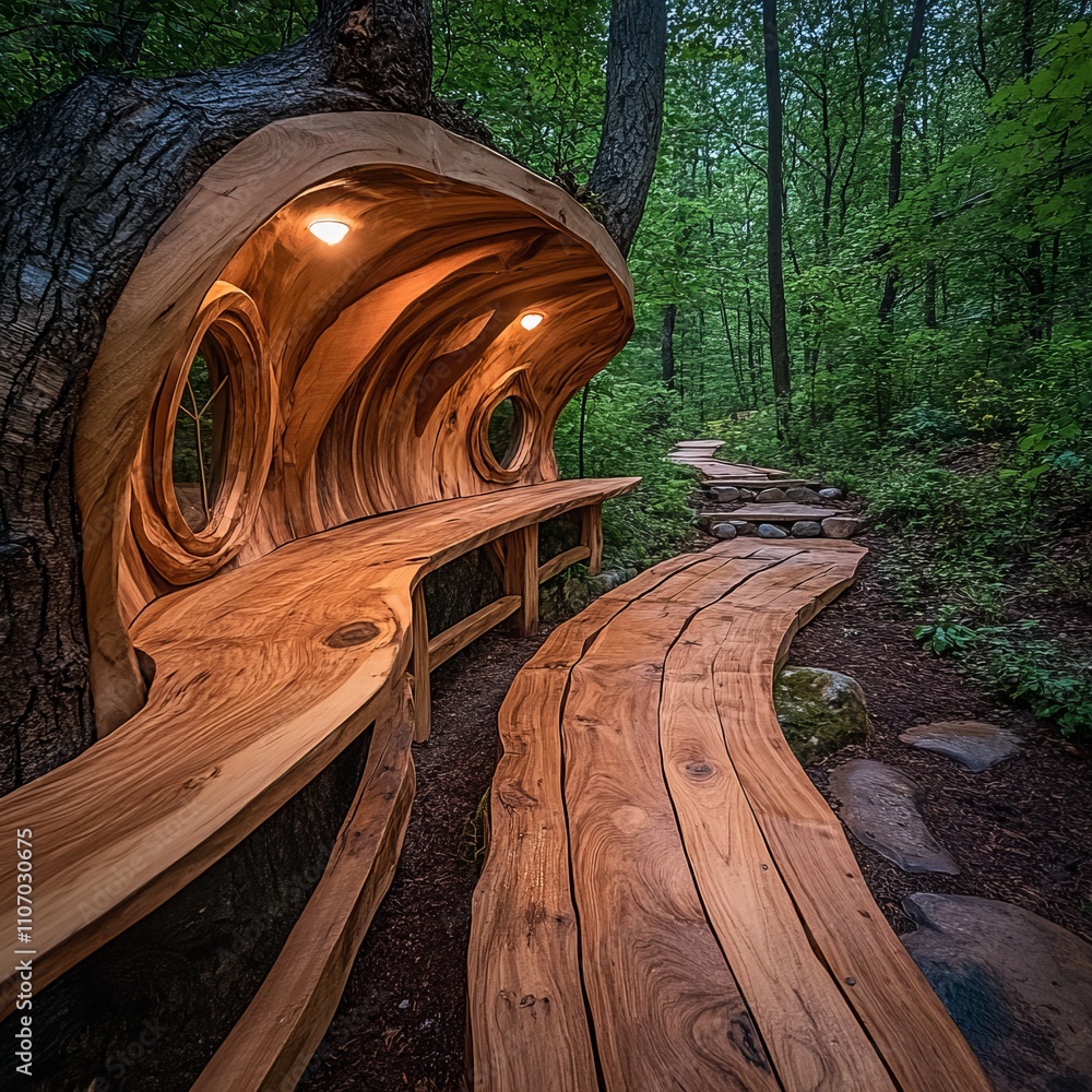 Poster wooden bench carved into a tree trunk in a forest with a winding path.