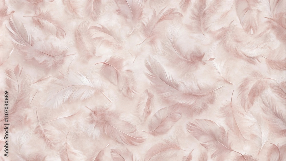 Poster delicate blush pink feathers scattered on a soft background, creating a tranquil and serene texture