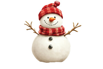 A snowman with a red scarf and hat is smiling. on transparent background.