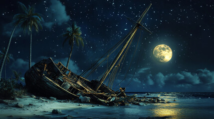 Wrecked ship on night tropical island. Vector cartoon illustration of old abandoned sailboat with damaged board, torn sails, cracked steering wheel, shipwreck scene under dark sky with moon and stars