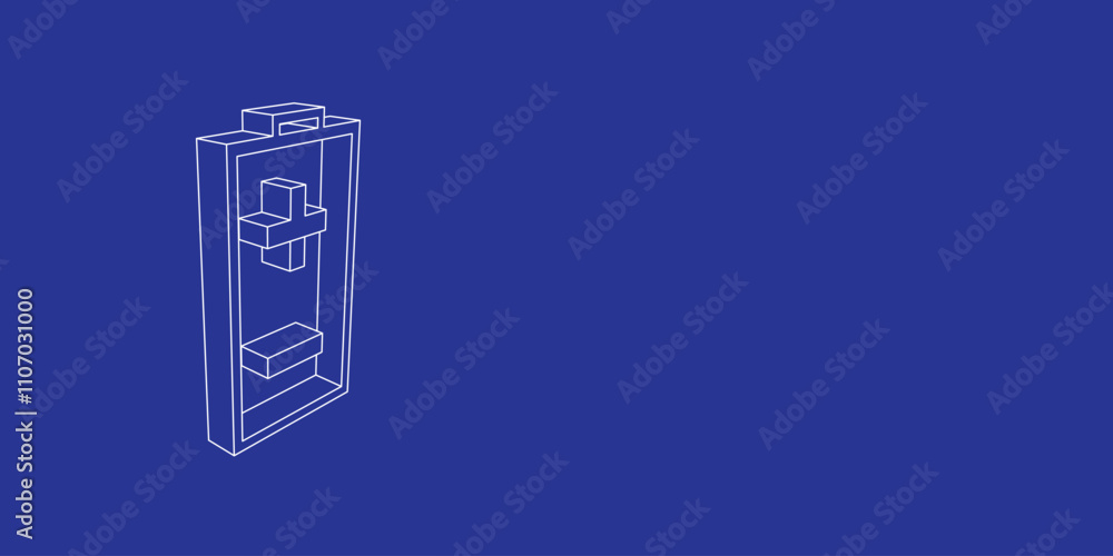 Poster the outline of a large battery symbol made of white lines on the left. 3d view of the object in pers
