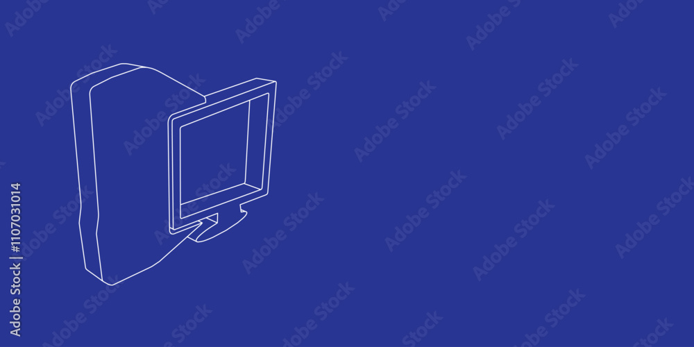 Poster the outline of a large desktop symbol made of white lines on the left. 3d view of the object in pers