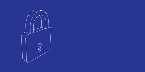 The outline of a large padlock symbol made of white lines on the left. 3D view of the object in perspective. Vector illustration on indigo background