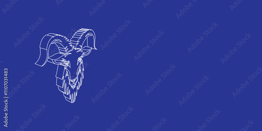 Poster the outline of a large goat symbol made of white lines on the left. 3d view of the object in perspec